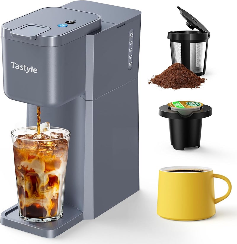 Tastyle Mini Hot and Iced Coffee Maker Single Serve, for K Cup and Ground, 6 to 14 Oz Brew Sizes, with Recipe Book, for Home, Travel, RV, Office and Dorm, Elegant Gray - Image 1